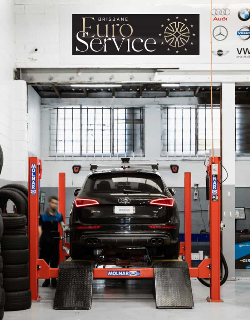 The Brisbane Euro Service workshop with an Audi being serviced by our expert mechanics.